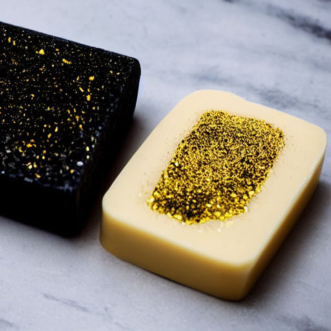 black bar of soap covered in gold glitter and light colored bar of soap partially covered in glitter