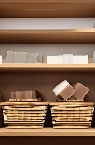 lots of bars of handmade soap stored on closet shelves