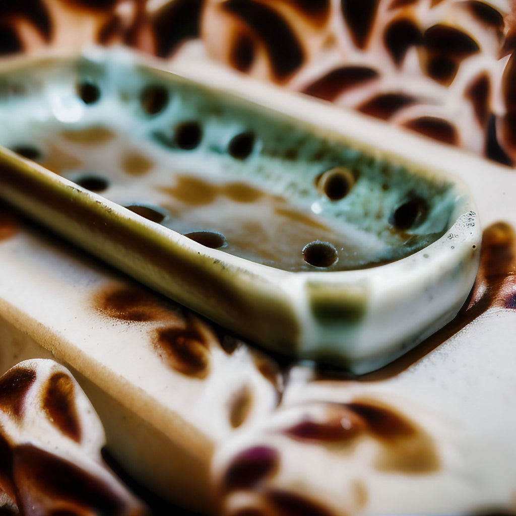 Handmade ceramic dish with multiple holes to use as ceramic soap dish to help handcrafted soaps last longer