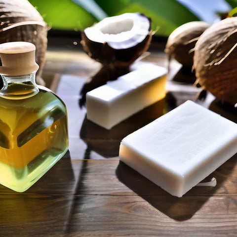 coconut oil in glass bottle with coconuts and handmade soap