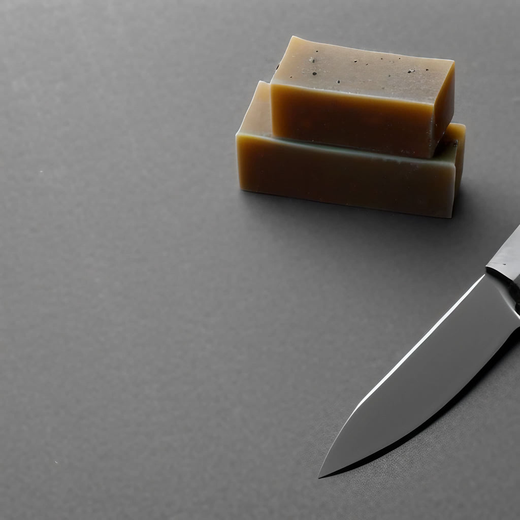 two pieces of handcrafted soaps with natural ingredients that were cut into soap bars from one soap bar using a knife