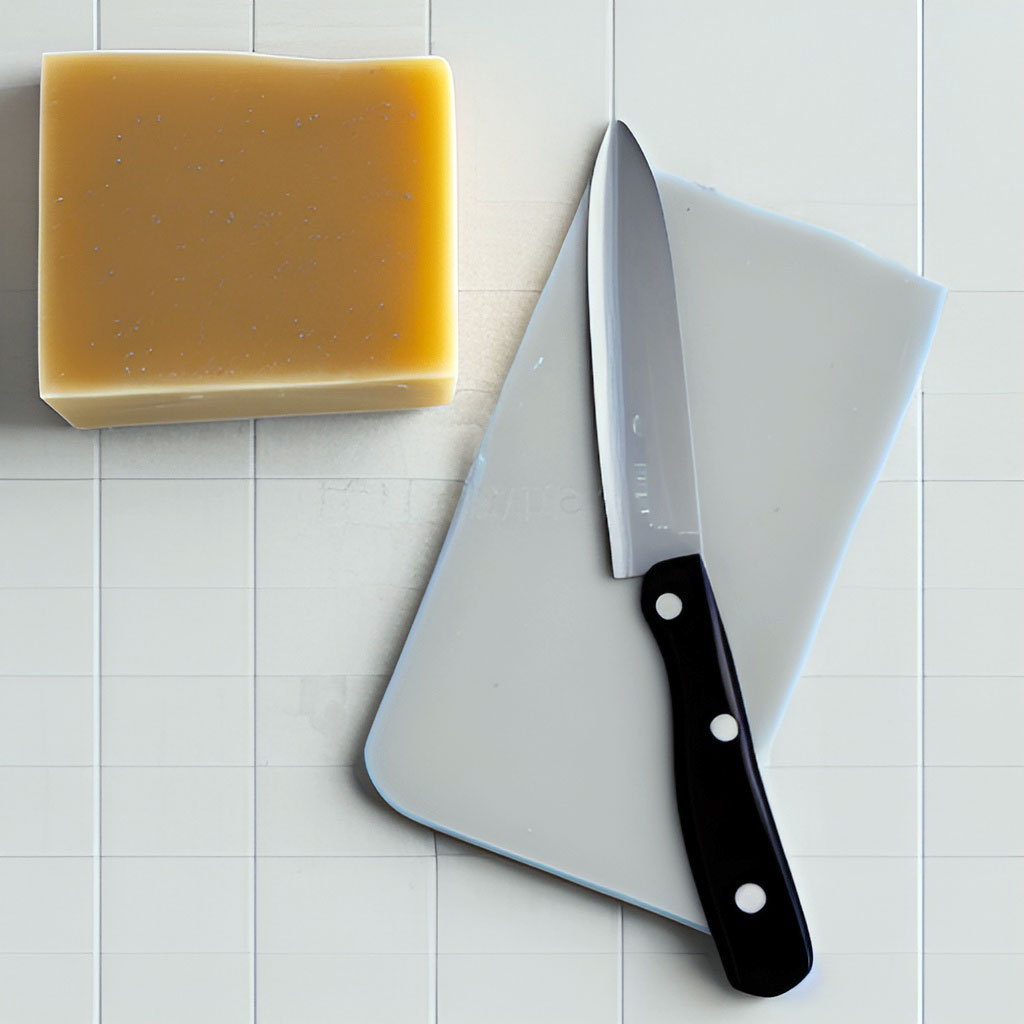 soap with knife on a cutting board ready to be cut into smaller pieces