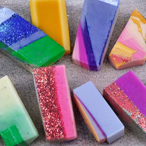 many bars of colorful soaps