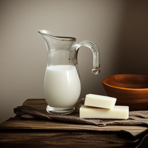 pitcher of milk and handmade soap made with milk