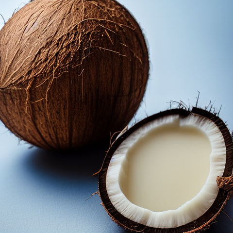 coconut milk as a handmade soap ingredient shown inside an opened coconut with a whole brown dried coconut next to it