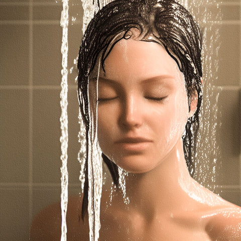 woman in shower with water running over her hair after she washed hair with charcoal soap