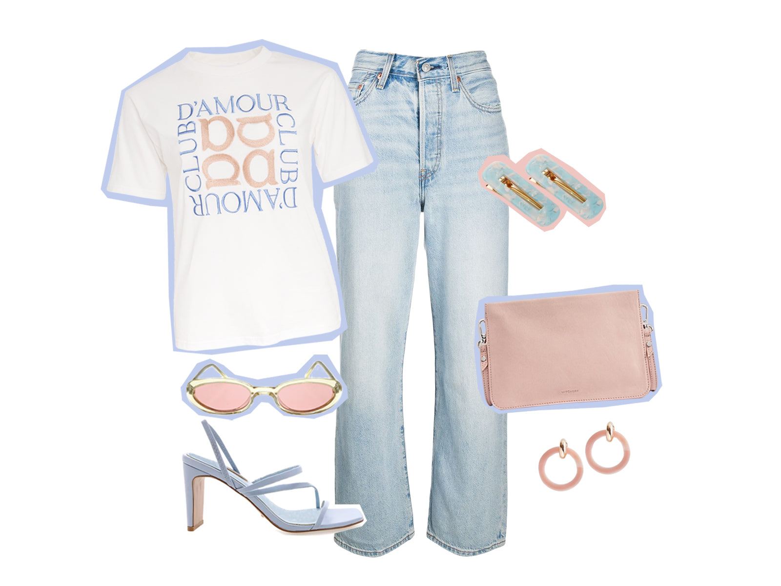 Alpha Embroidered Logo Tee, denim jeans, heels and accessories