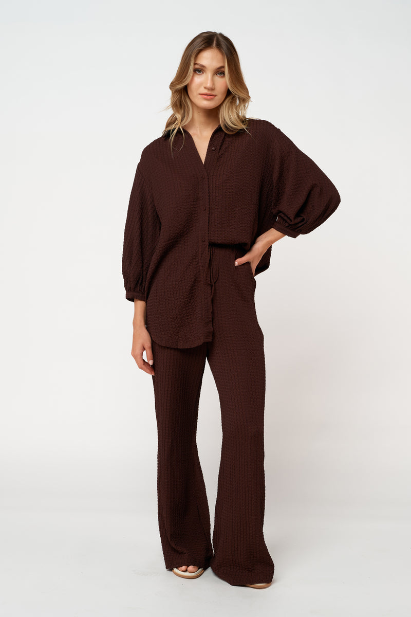 Franca Textured Button-Down Shirt - Chocolate