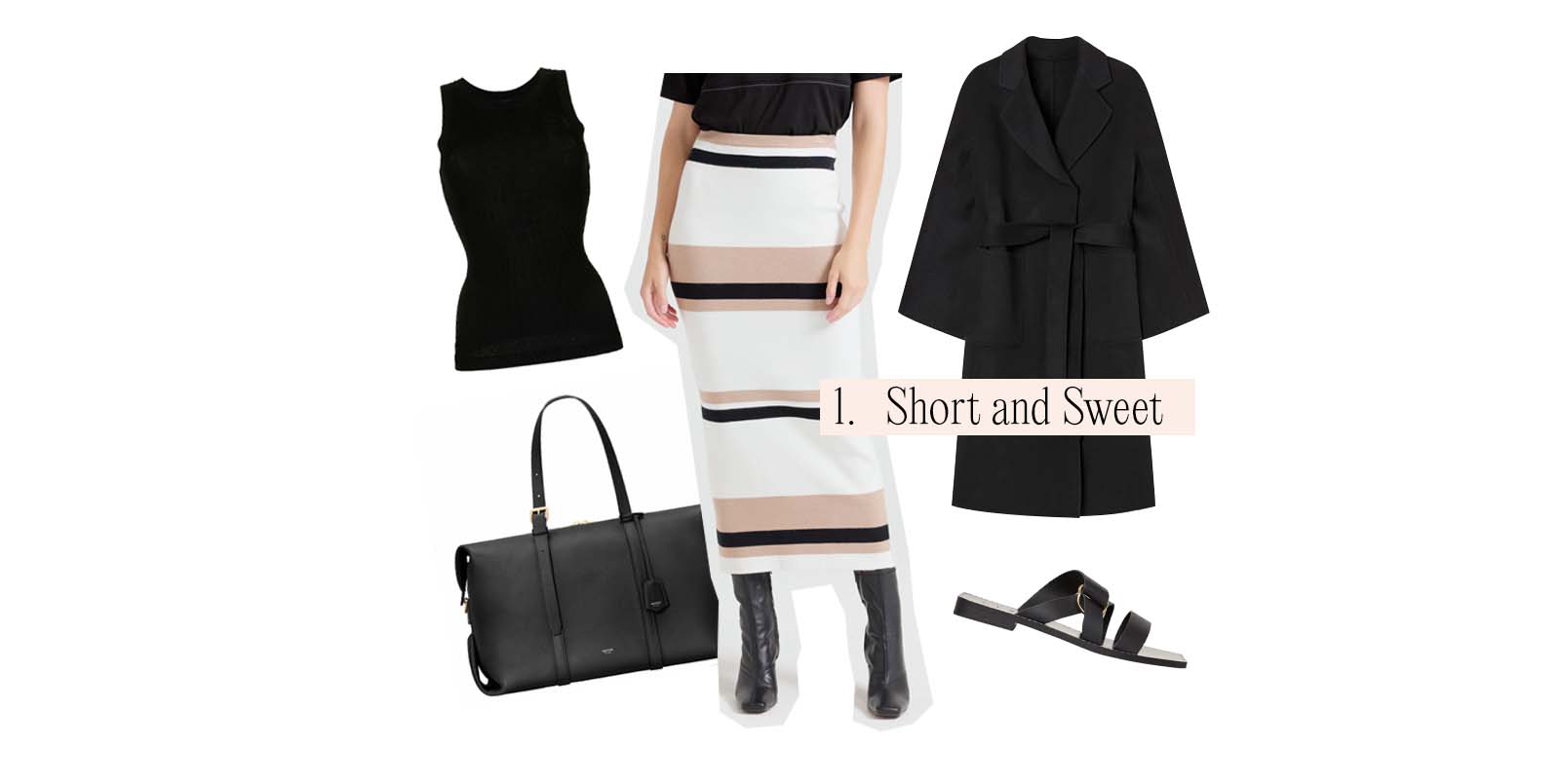 Airport outfit featuring a stripe knit midi skirt, black flats and carry on bag, black trench coat and black ribbed knit tank top