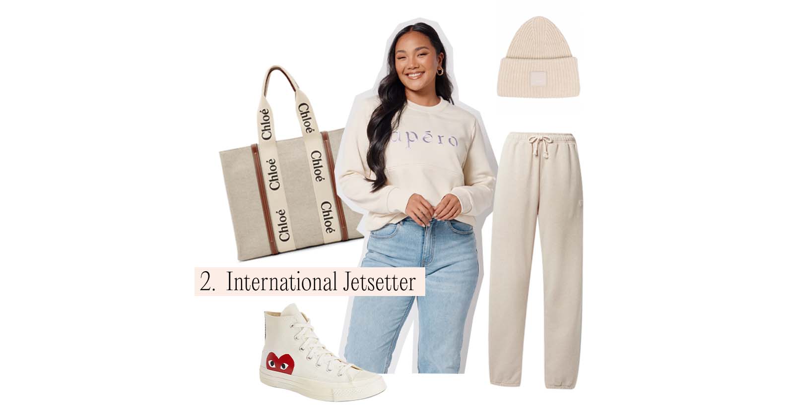 Comfortable outfit for travelling overseas. Featuring a white jumper with lilac embroidered text saying Apéro, cream trak suit pants, a cream beanie, off white converse and c cream and tan chloé bag