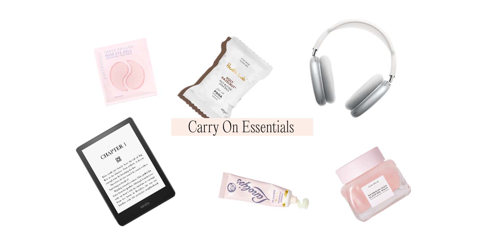 A selection of items perfect for taking on the plane. Including apple headphones, protein balls, watermelon sleeping mask for the glow recipe, a kindle, eye masks and lipbalm