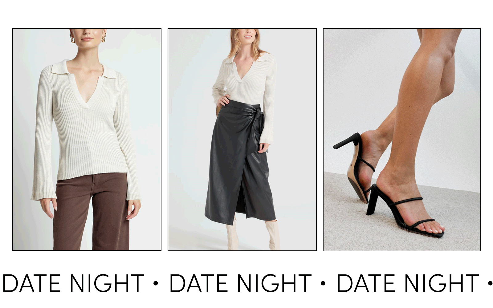 Date night outfit sorted with the black midi faux leather skirt and cream long sleeve flare sleeve collard knit top, styled with black strappy heels
