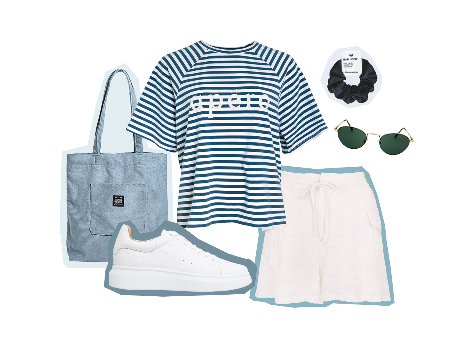 Apero Malta Stripe Oversized Logo Tee, Capri Drawstring Shorts, sneakers and accessories