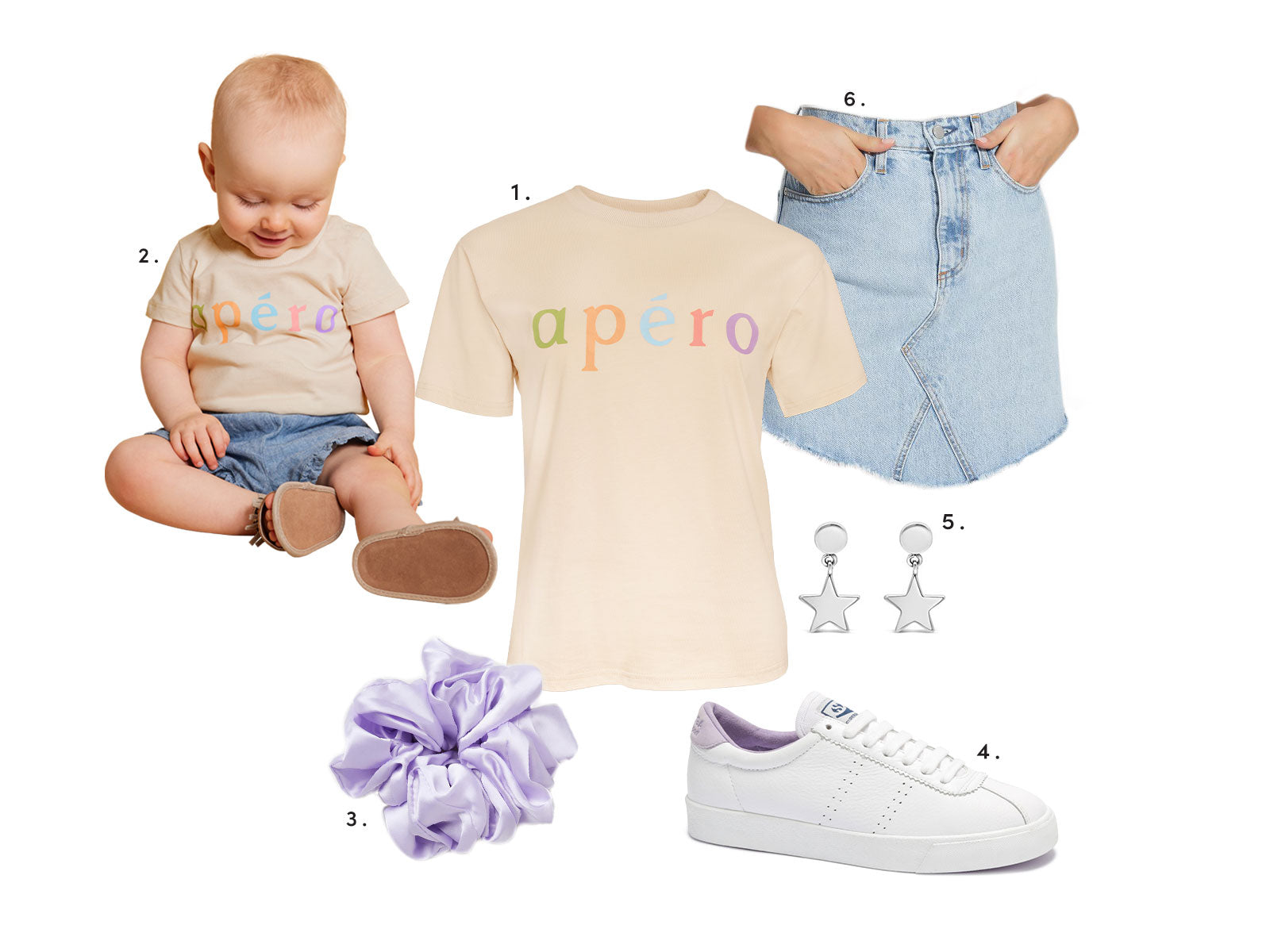 The busy mum outfit with the matching mum and baby logo tee and denim skirt