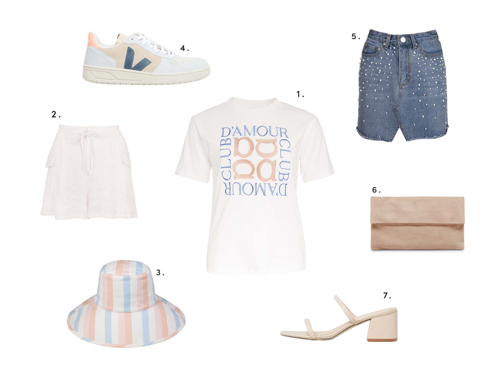 Summer Styling with Apero Embroidered Tee, capri drawstring shorts, pearl denim skirt and more