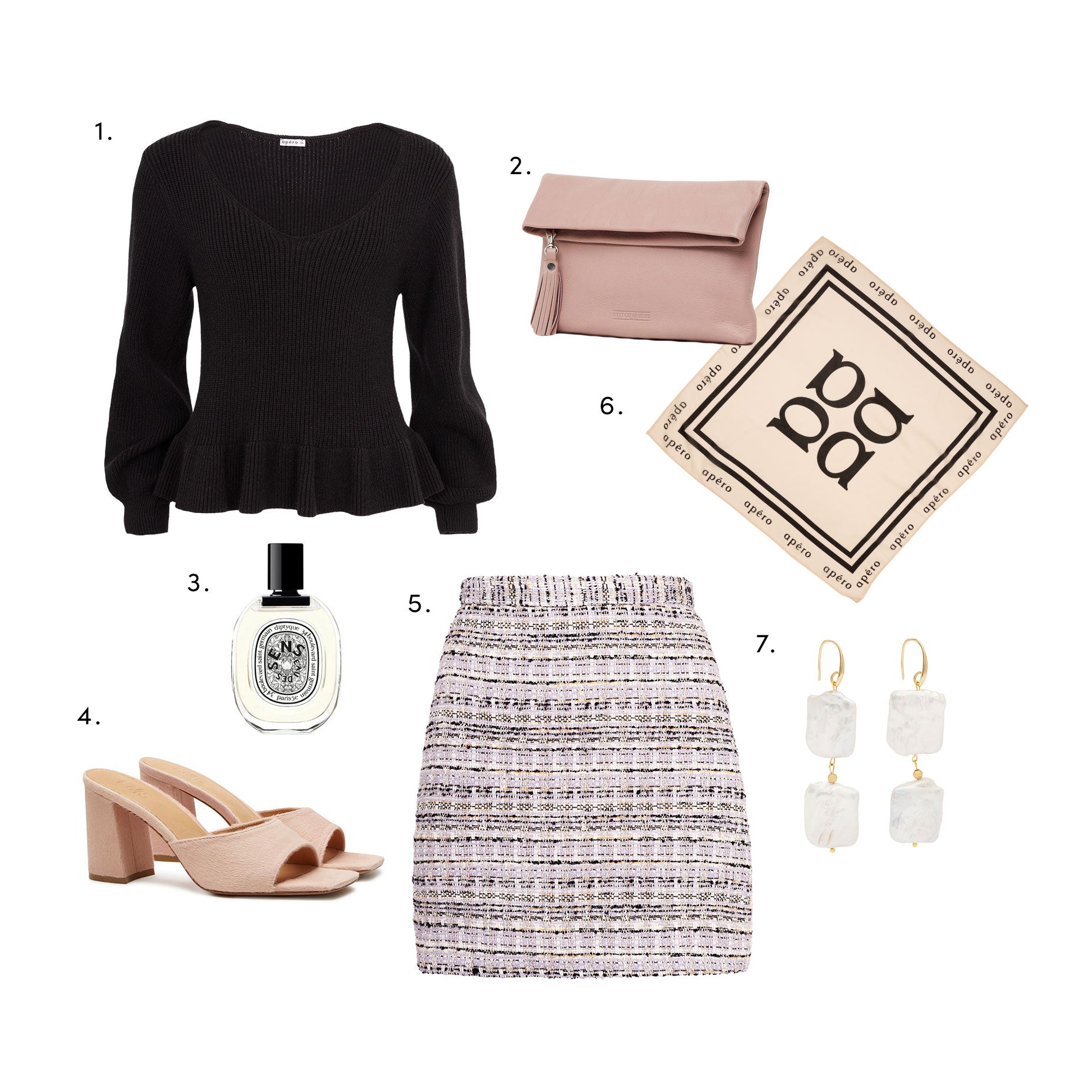 apero knit jumper, jacquard skirt and accessories