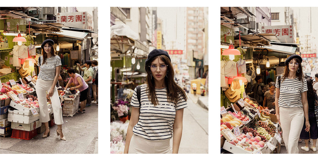 Navy striped linen blend fashion tshirt