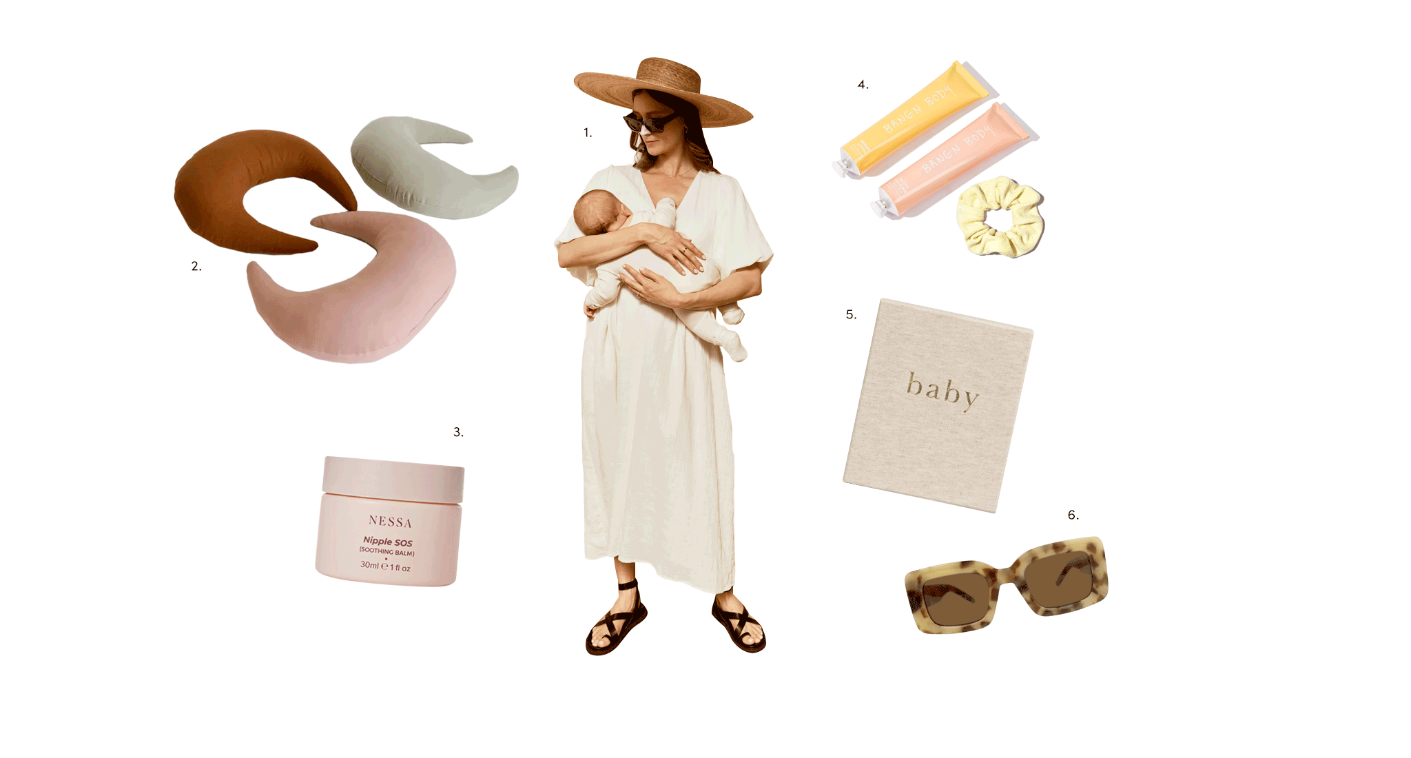 Mum essential items, including feeding friendly clothes, baby pillows, nipple cream, baby books and more