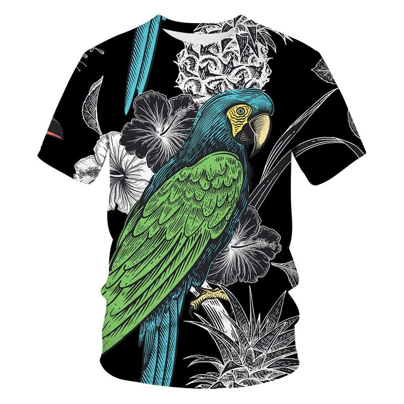 2021 New Summer 3D Parrot Funny Retro Print T-Shirt Cool Fashion hot Men/Female Round Neck
