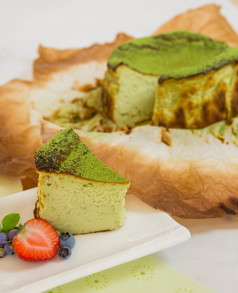 A photo of Dreamy Matcha Basque Cheesecake made by Kat Lieu, the founder of the Subtle Asian Baking community and cookbook author of Modern Asian Baking At Home.