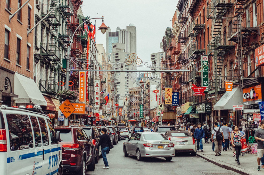 A bustling street in New York City's Chinatown.