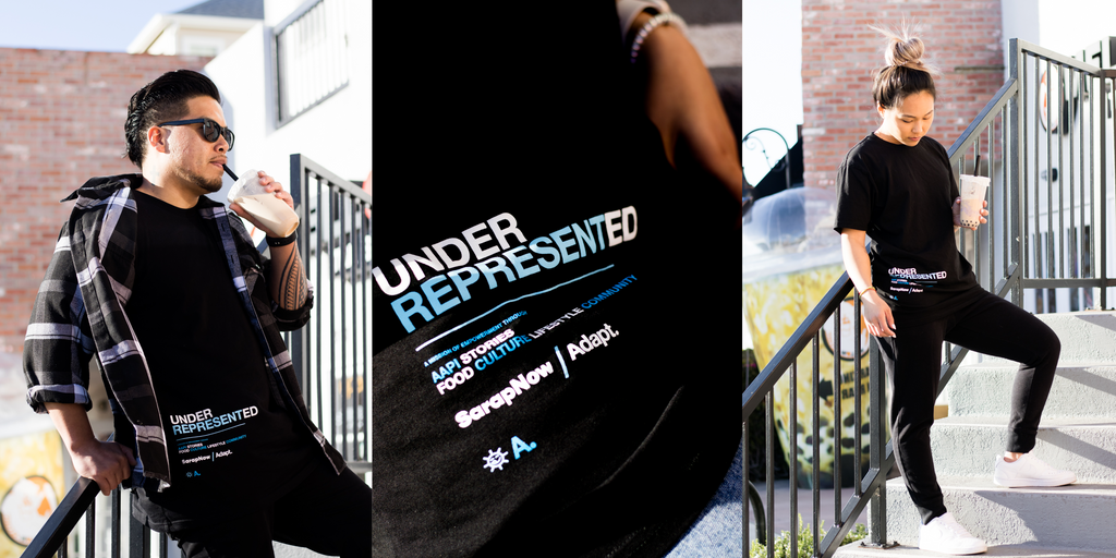 A landscape collage of three images: left image: A man drinking bubble tea while wearing Sarap Now and Adapt’s limited-edition black T-shirt with “underrepresented” printed on the front, bottom left corner.  Middle Image:  A close-up of Sarap Now and Adapt’s limited-edition black T-shirt collaboration with “underrepresented” printed on the front, bottom left corner.  Right Image:  A woman holding bubble tea while wearing Sarap Now and Adapt’s limited-edition black T-shirt with “underrepresented” printed on the front, bottom left corner