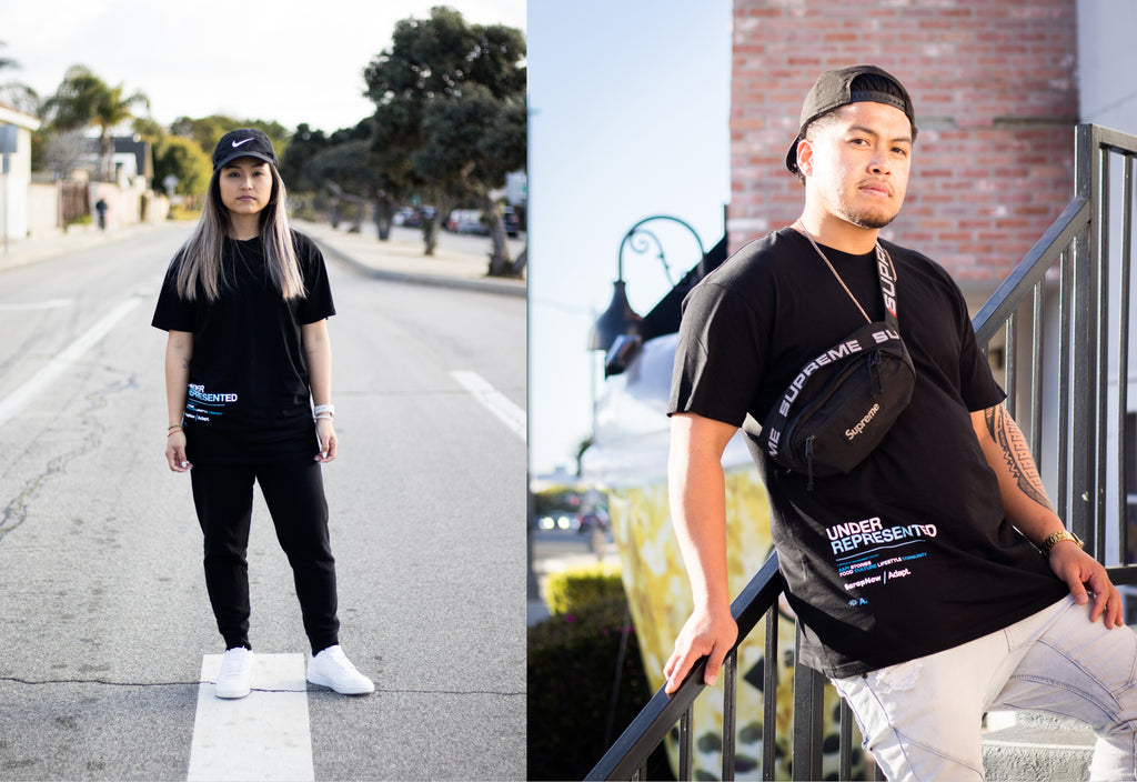 2 Picture Collage:  Left photo: A woman standing on the street, wearing Sarap Now and Adapt’s limited-edition black T-shirt collaboration with “underrepresented” printed on the front, bottom left corner.  Right photo:  A man standing against a staircase railing, wearing Sarap Now and Adapt’s limited-edition black T-shirt collaboration with “underrepresented” printed on the front, bottom left corner