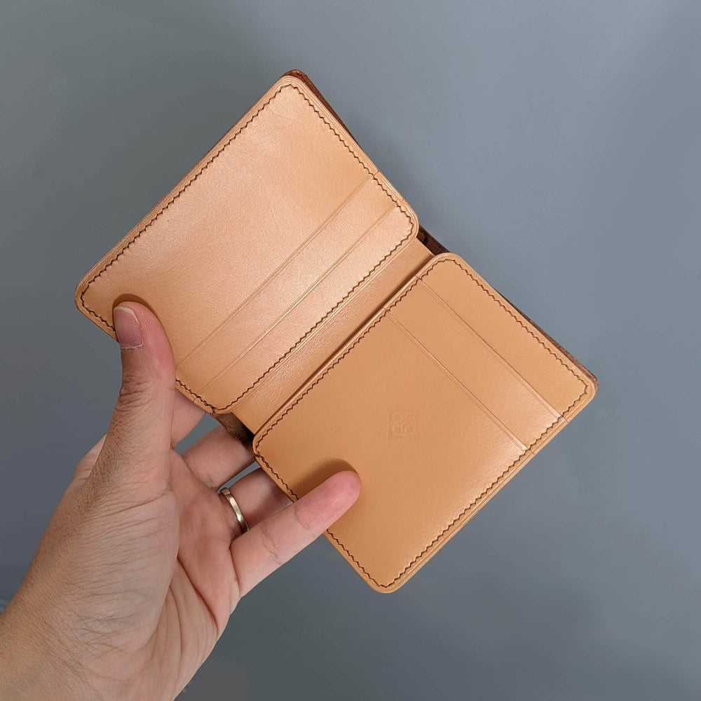 Made to Order Shell Cordovan Handmade Pocket Organizer Bifold Vertical Wallet Navy Blue and Natural Italian Vegetable Tanned Leather with Bill Divider