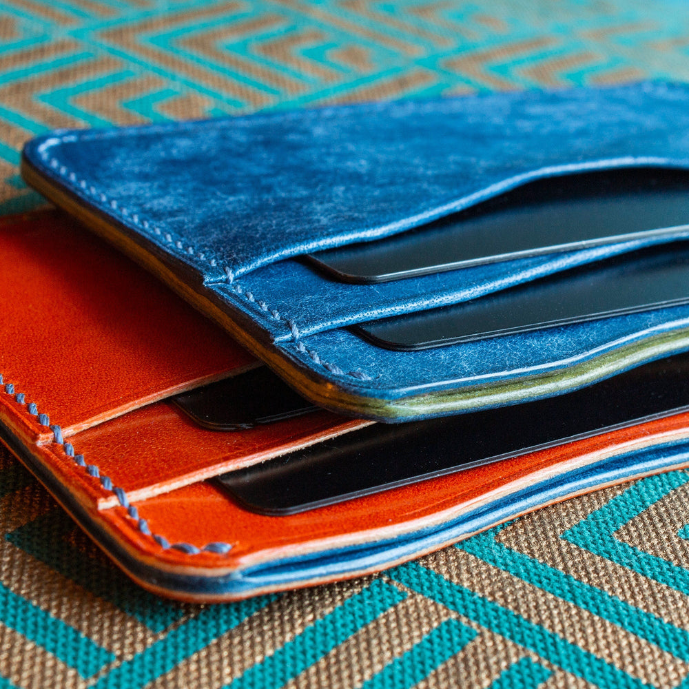 Made to Order Shell Cordovan Handmade Pocket Organizer Bifold Vertical Wallet Navy Blue and Natural Italian Vegetable Tanned Leather with Bill Divider