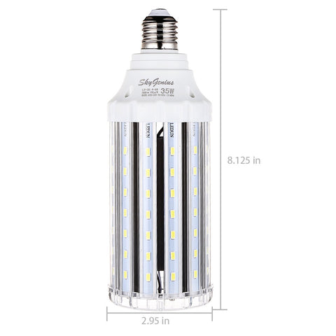 Size of SkyGenius 35 watt warm white LED light bulb - 8.6 x 3.1 x 3 inches
