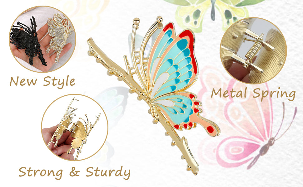 Big Butterfly Hair Clips for Women Set of 2 Large Non-Slip Strong Metal Butterfly Hair Claw