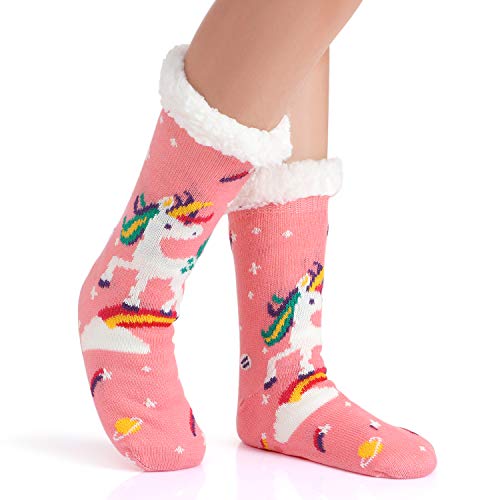 Fleece Lined Fluffy Unicorn Slipper Socks For Women and Girls - Pink ...