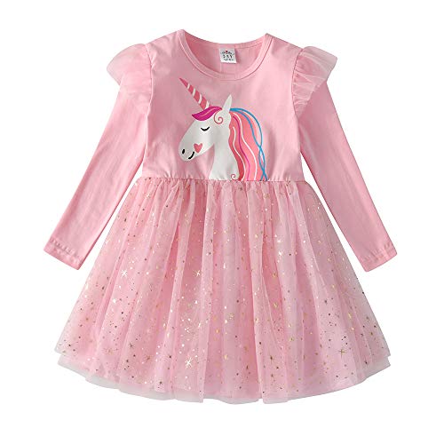 Girls Unicorn Princess Tulle Long Sleeve Party Casual Dress - Pink ...