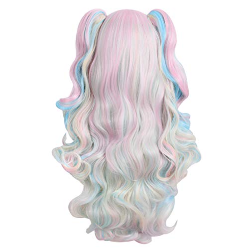Pastel Multi-Coloured Long Curly Unicorn Cosplay Wig (Pink/Blue/Blonde ...
