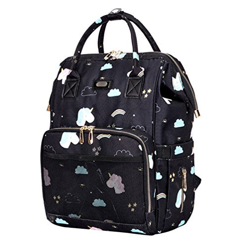 Multifunction Baby Diaper Backpack Bag, Waterproof Travel Nappy Changing Bag with Large Capacity and Stylish Design Pushchair Straps Mommy Bag for Baby Care (Unicorn Black)