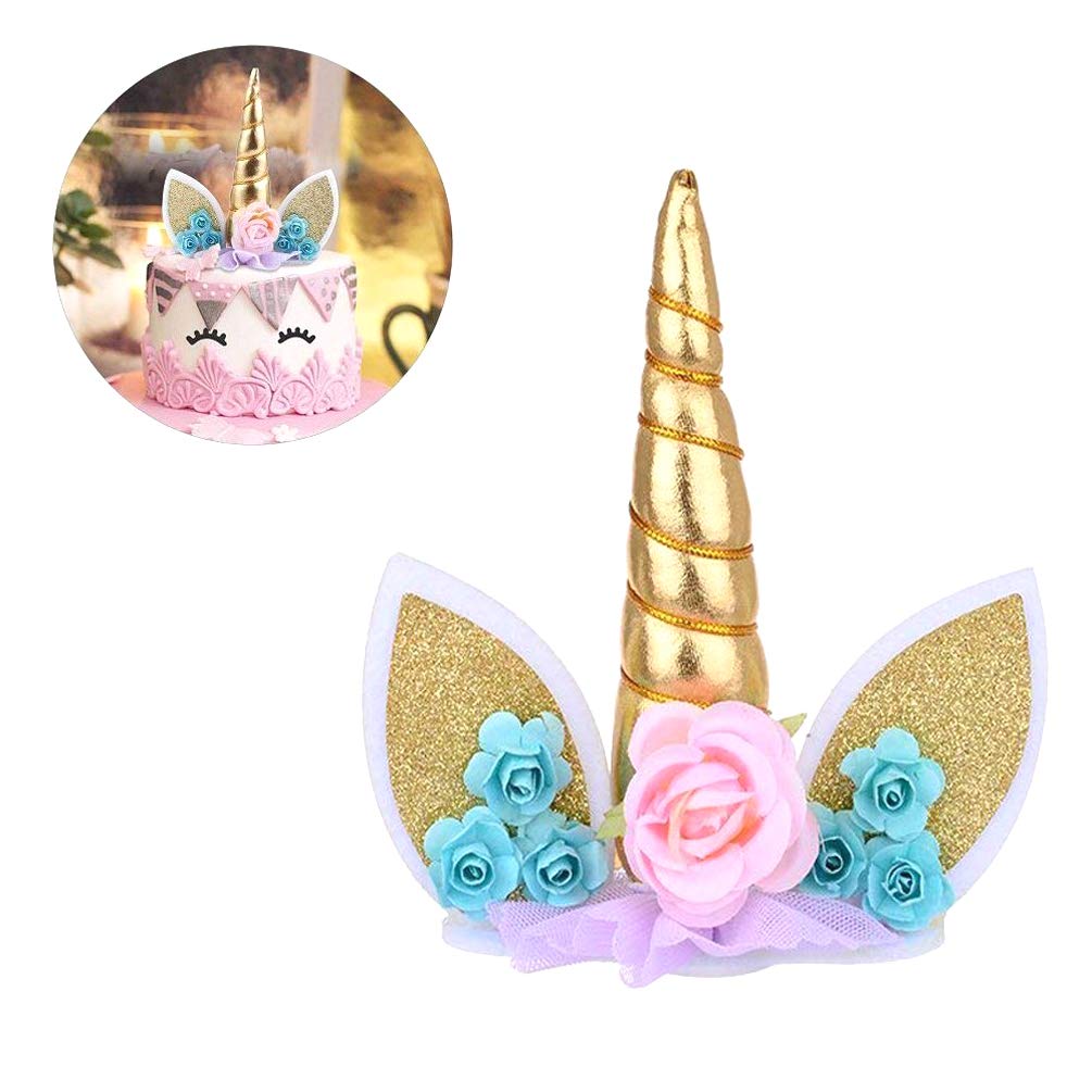 Unicorn Flowers Cake Topper - Pink and Blue Flowers with Gold Horn ...