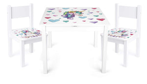 unicorn wooden table and 2 chairs