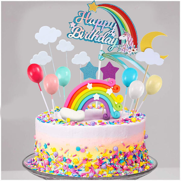 21pcs Unicorn Cake Topper Kit Cloud Rainbow Balloon Happy Birthday Ban ...