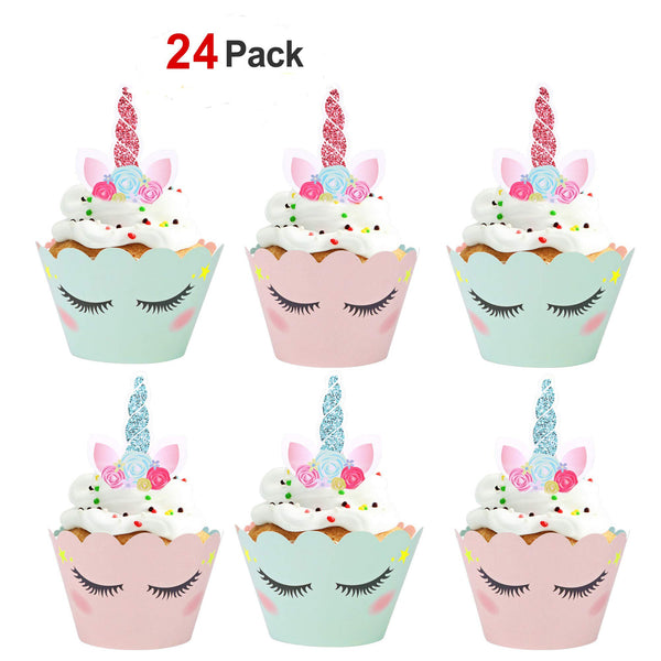 Unicorn Cupcake Decorations / Toppers Horn Ears and Eyelash Double Sid ...