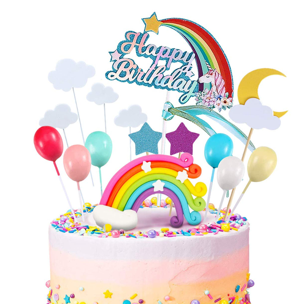 21pcs Unicorn Cake Topper Kit Cloud Rainbow Balloon Happy Birthday Ban ...