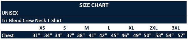 Original Hippie® Tri-Blend Short Sleeve T-Shirt Size Chart