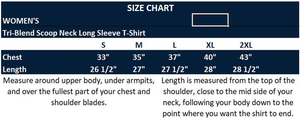 Original Hippie™ Women's Tri-Blend Scoop Neck Long Sleeve Size Chart