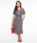 Short Sleeves Sleeves Pocketed Button Front Belted Collared Floral Print Party Dress/Midi Dress