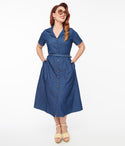 Denim Belted Pocketed Button Front Midi Dress
