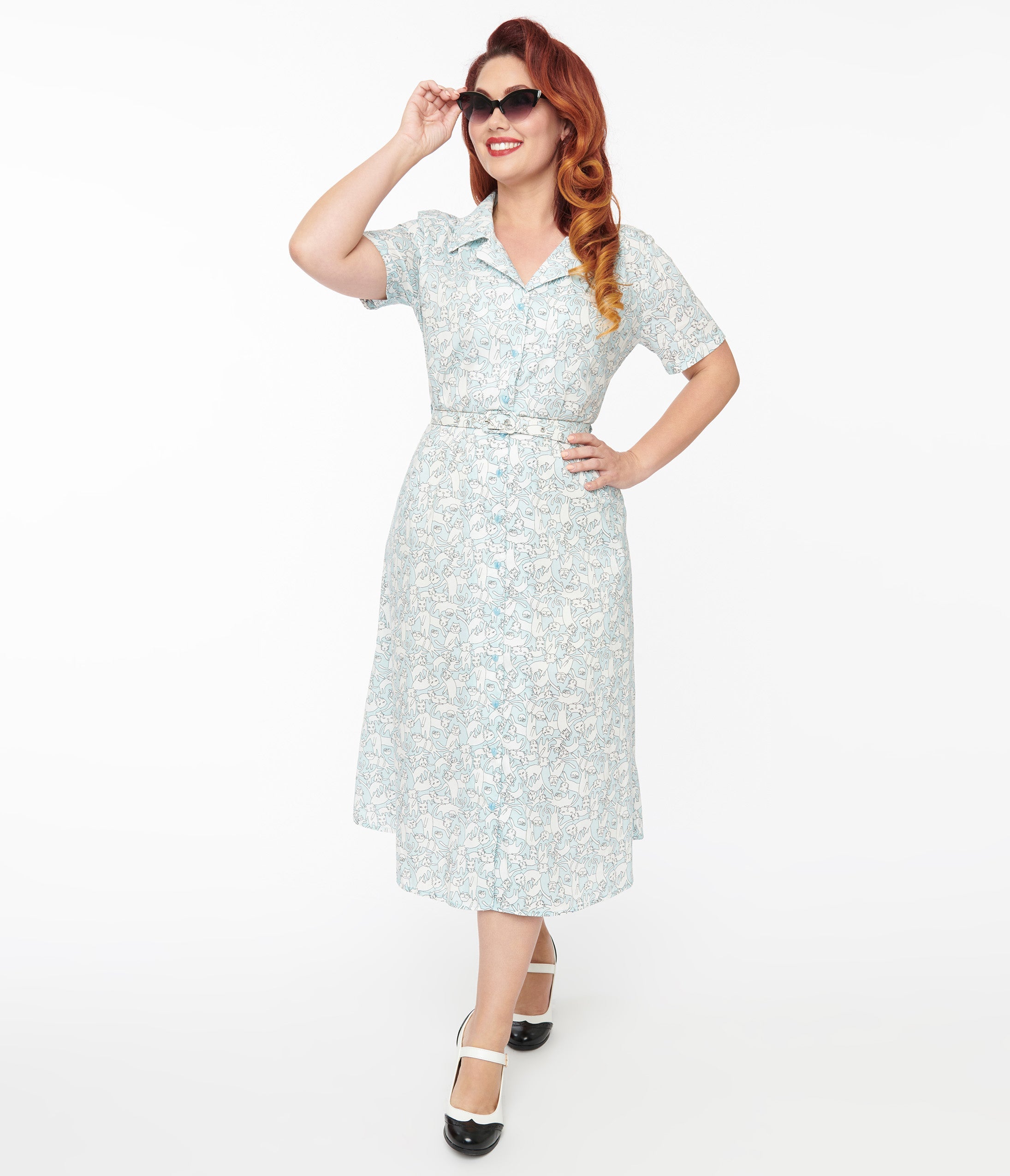 

1940S Light Blue & White Cat Print Cotton Midi Dress