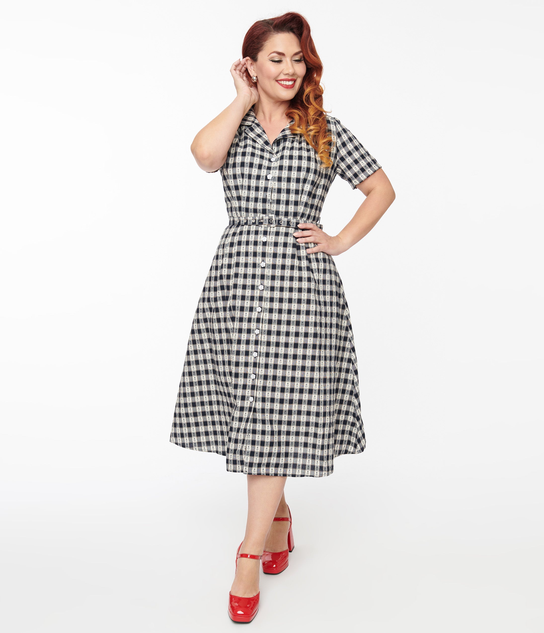 

1940S Navy Plaid Cherry Cotton Midi Dress