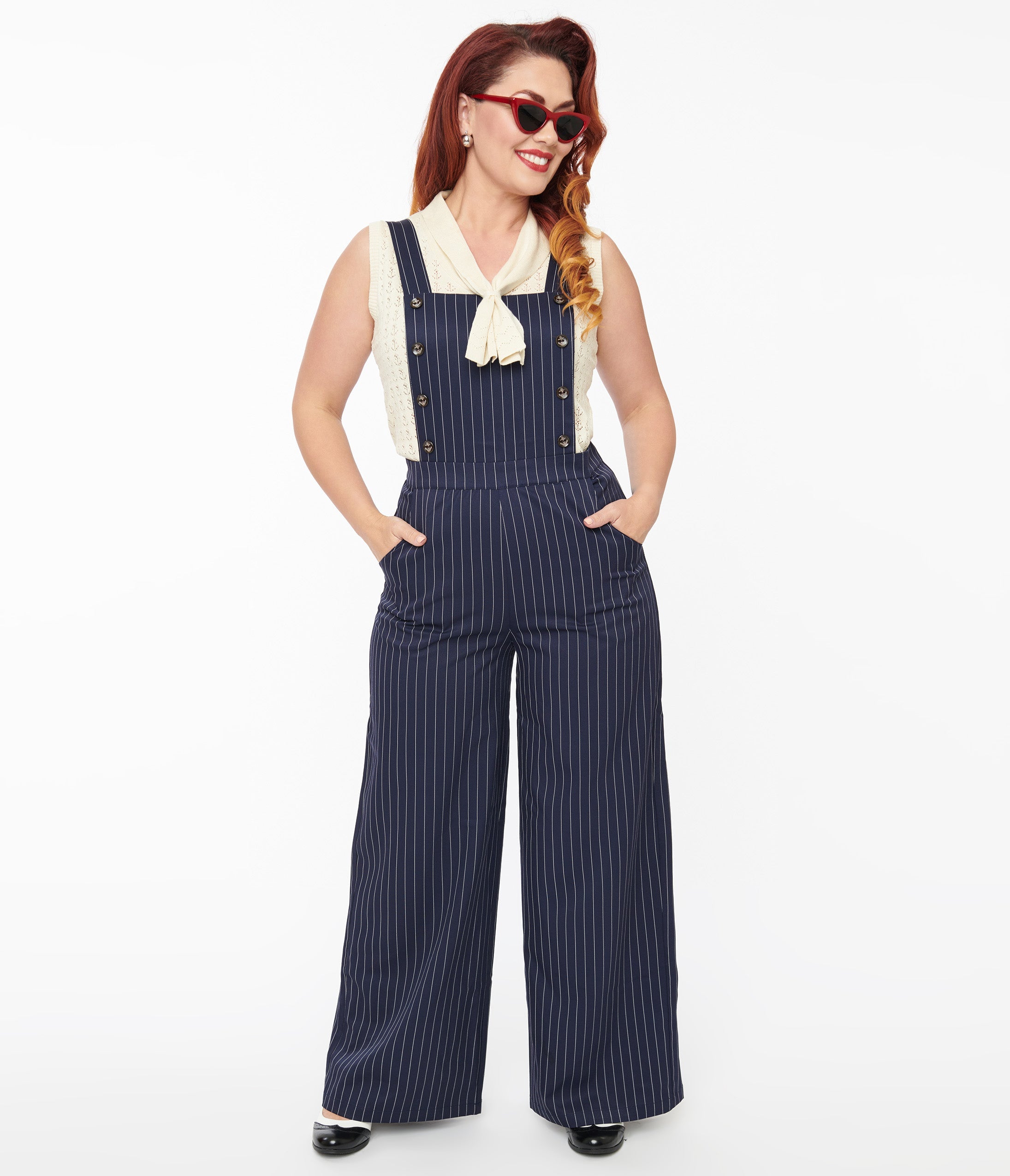 

1940S Navy & White Pinstripe Wide Leg Overalls