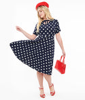 Short Sleeves Sleeves Swing-Skirt Self Tie Pocketed Cutout Back Zipper Collared Polka Dots Print Dress