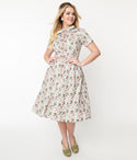 Tie Waist Waistline Floral Print Button Front Self Tie Collared Swing-Skirt Dress