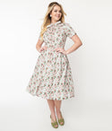 Collared Tie Waist Waistline Swing-Skirt Button Front Self Tie Floral Print Dress
